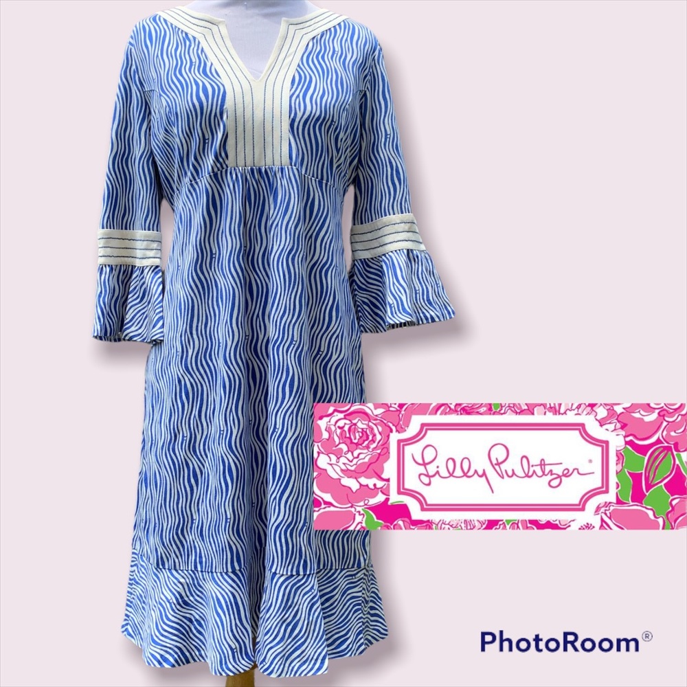 RATE HTF Lilly Pulitzer Elenora Silk Dress Blue Bamboo Print Small Ruffle Hem!